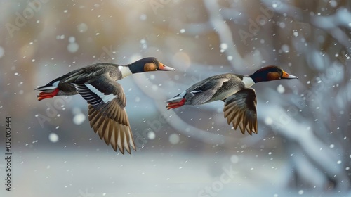 Winter flying over the river by a pair of Goosanders photo
