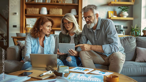 A financial planner holds a pen and points to a chart on a whiteboard, explaining investment options to a middle-aged couple. The couple looks intently at the chart, with expressions of curiosity and