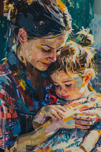 Colorful painting portraying a tender moment between a mother and child  embracing each other with love and care.