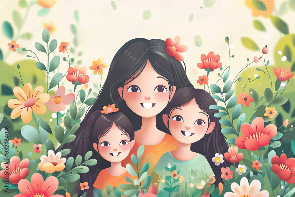 Happy mother's day. Mom with her daughters in the flowers. Happy mother's day. Mom with her daughters in the flowers.