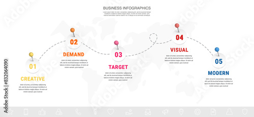 Business infographic timeline with five paths and circles. Modern timeline with 5 steps, options, and processes. Presentation infographics template photo