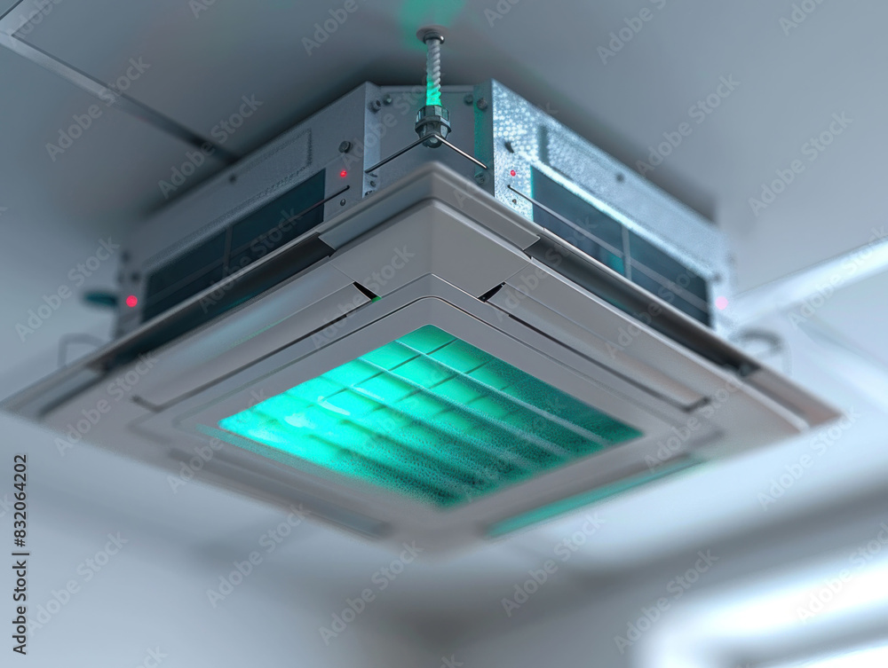 Fototapeta premium Interior room with ceiling mounted cassette type air conditioner alongside a modern lamp light on a ceiling. the duct air conditioner suitable for home