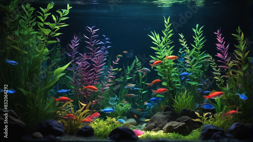 In the Twilight Aquatic Garden, glowlight tetras illuminate the underwater foliage, their soft glow creating a magical atmosphere in the darkened tank, Generative AI photo