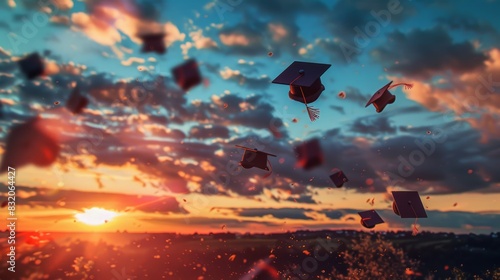 High school students' graduation caps in the air at sunset, with a blurred background photo