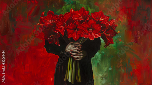 Oil painting of a figure holding red amaryllis, deep red and green colors, photo