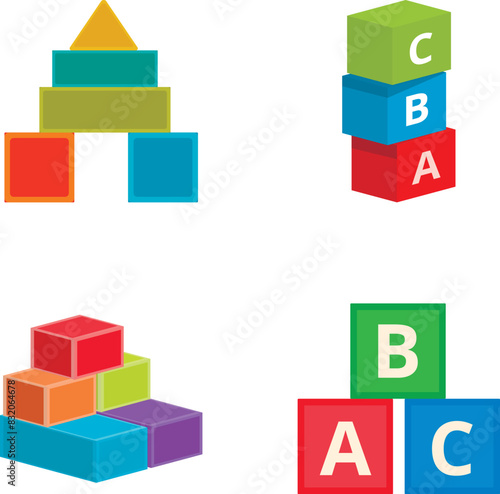 Set of toy blocks and alphabet cubes in various colors and configurations