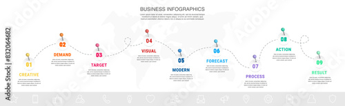 Business infographic timeline with 9 paths and circles. Modern timeline with nine steps, options, and processes. Presentation infographics template photo