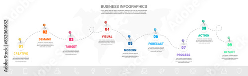 Business infographic timeline with 9 paths and circles. Modern timeline with nine steps, options, and processes. Presentation infographics template