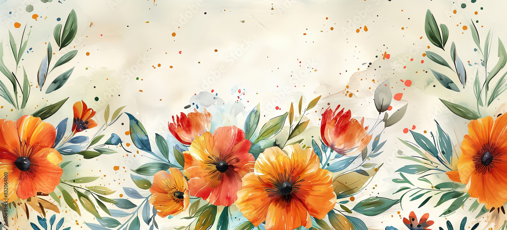 Fototapeta premium Watercolor floral background. Delicate orange and yellow flowers with green leaves on a light background.