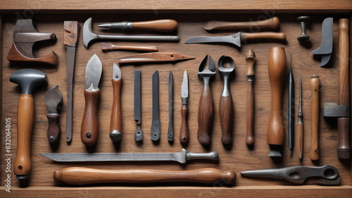 A collection of vintage woodworking tools, including chisels and hand planes, meticulously arranged on a wooden table, Generative AI photo