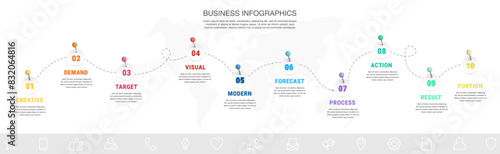 Business infographic timeline with 10 paths and circles. Modern timeline with ten steps, options, and processes. Presentation infographics template