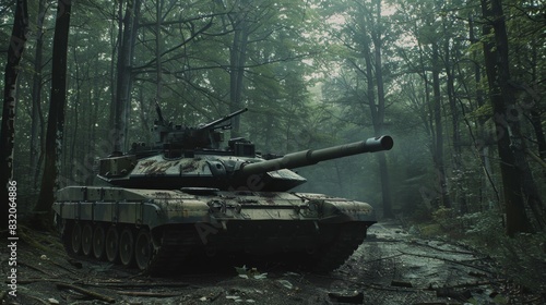 An Military tank M1 Abrams positioned defensively at the edge of a forest, its gun turret aimed into the dense trees photo