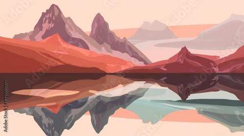 Reflections of peaks brochure flat design side view meditation spots theme cartoon drawing Split-complementary color scheme 