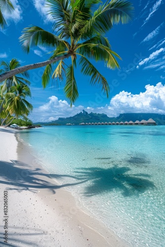 An ultra-wide panorama of a tropical paradise  showcasing a white-sand beach  a turquoise lagoon  palm trees swaying in the breeze