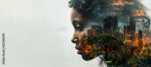 Double Exposure of Woman and Cityscape.