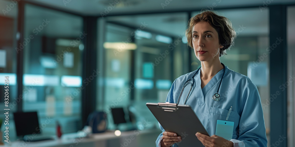 A doctor in blue scrubs holding a clipboard in a hospital setting, representing healthcare professionals A doctor in blue scrubs holding a clipboard in a hospital setting, representing healthcare professionals