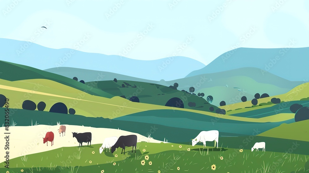 Obraz premium Hillside grazing artwork flat design front view livestock management theme animation Tetradic color scheme