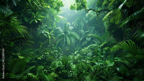 Earths tropical rainforests theme front view emphasizing dense jungle technology tone Vivid