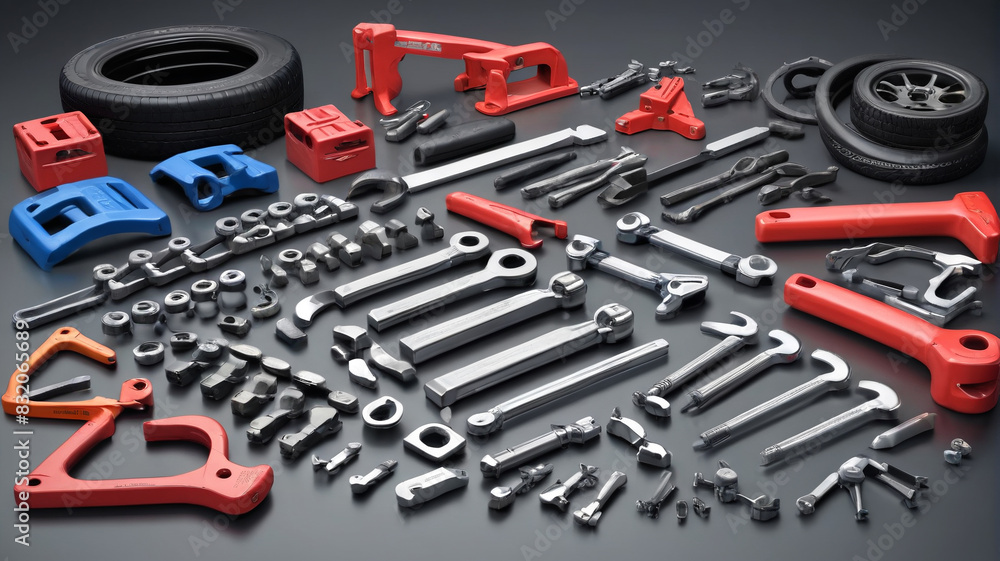 Fototapeta premium An assortment of automotive tools, including jack stands and tire irons, systematically arranged on a plain metal background, Generative AI