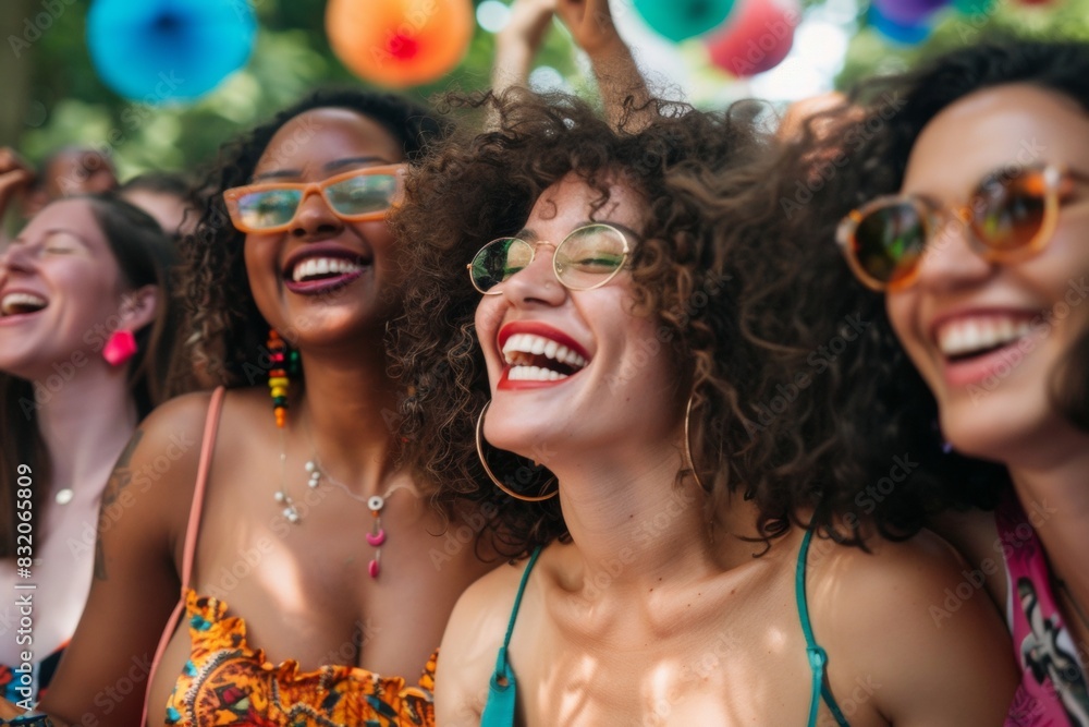 Close-up of a group of friends linking arms and singing along at a summer festival, their smiles infectious