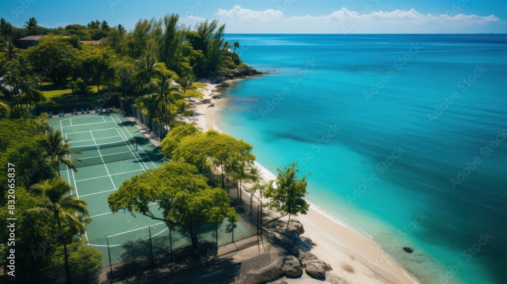 Overhead view of a lush tropical beach resort featuring a tennis court beside the clear blue sea Overhead view of a lush tropical beach resort featuring a tennis court beside the clear blue sea