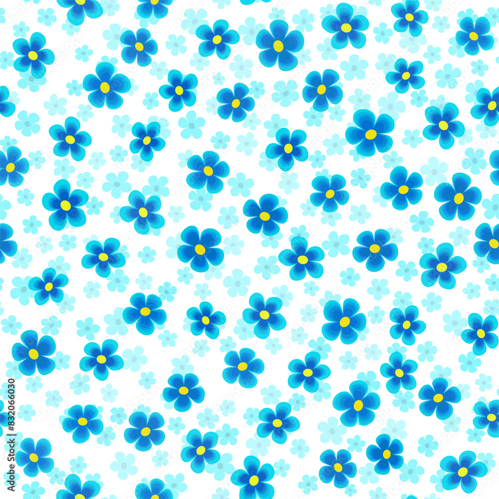 Many small gradient blue flowers on white background. Randomly seamless pattern with flowers. Forget-me-not flower. Design in rustic style for girls. Vector illustration for paper, textile, cards. Many small gradient blue flowers on white background. Randomly seamless pattern with flowers. Forget-me-not flower. Design in rustic style for girls. Vector illustration for paper, textile, cards.