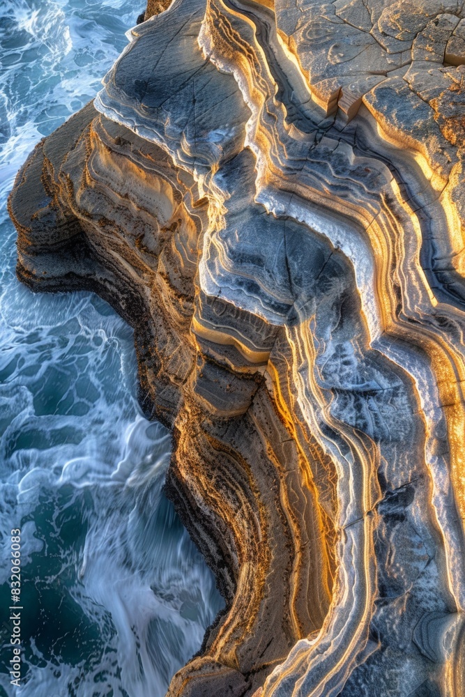 Close-up of a rock formation sculpted by the ocean waves, with intricate patterns and textures revealed by the sunlight Close-up of a rock formation sculpted by the ocean waves, with intricate patterns and textures revealed by the sunlight