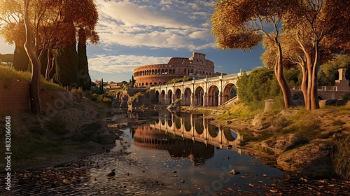 The Colosseum and an ancient Roman bridge are reflected on the Tiber River during sunset photo