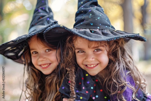 Caucasian Blonde girl attire adorned in vibrant orange, flowers and whimsical witch hats, a group of little girls adds to enchantment of festivities as they delight in magical ambiance. © Surachetsh