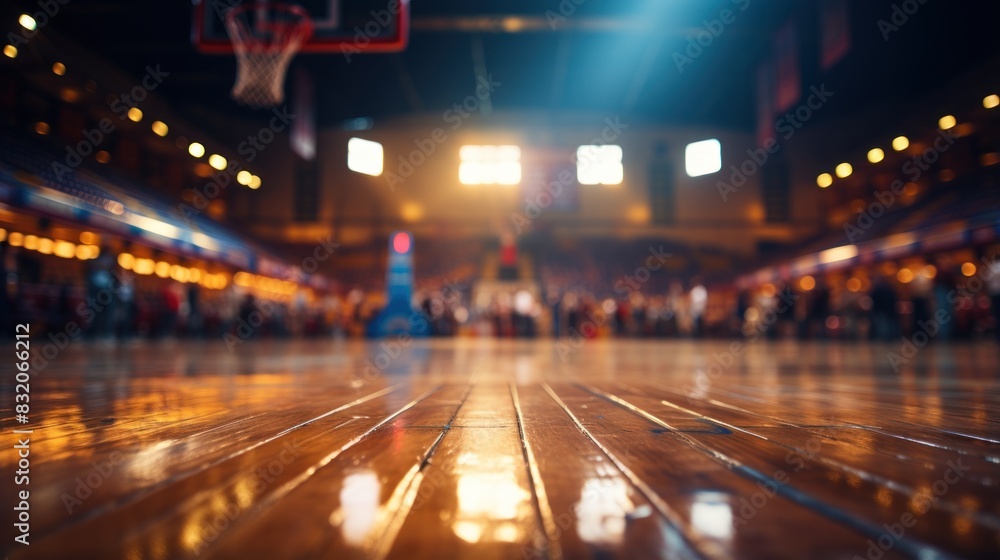 Low angle view of a basketball court from the floor, focusing on the wooden planks Low angle view of a basketball court from the floor, focusing on the wooden planks