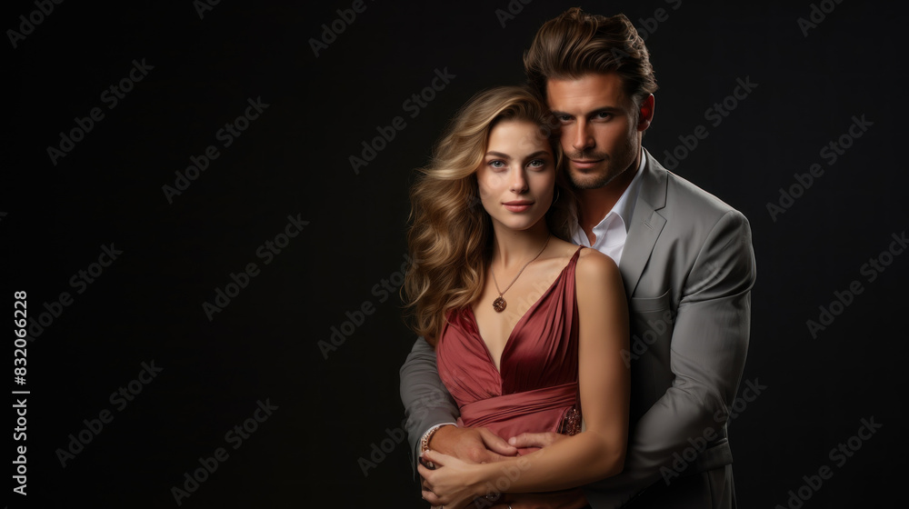 A sophisticated man and woman pose closely, exuding luxury and romance