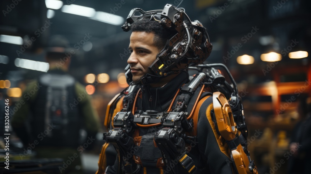 A futuristic soldier wearing an exoskeleton suit stands ready for action A futuristic soldier wearing an exoskeleton suit stands ready for action