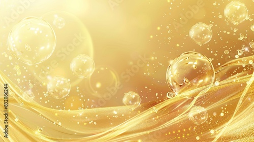 Luxury gold bubbles background with golden shining glowing glitter particles soap or oil bubble, circle of bubbles or coins.