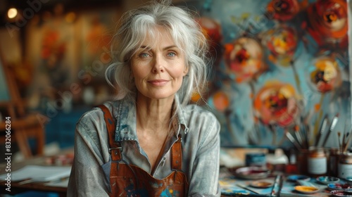 A mature artist, with silvery hair and apron, stands amidst a treasure trove of vibrant art pieces, emanating warmth photo