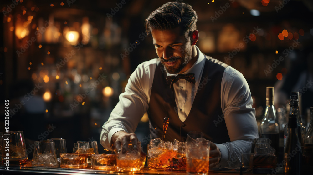 Artistic shot of a bartender in a vest and bow tie pouring whiskey into glasses, face hidden by a blurred box