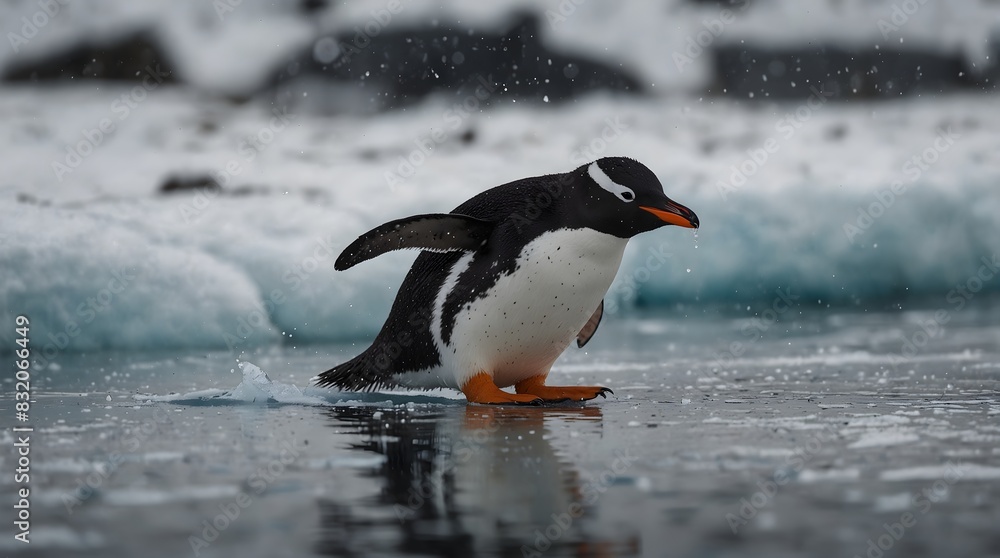 Fototapeta premium A day in the life of a playful penguin sliding on ice ai_generated