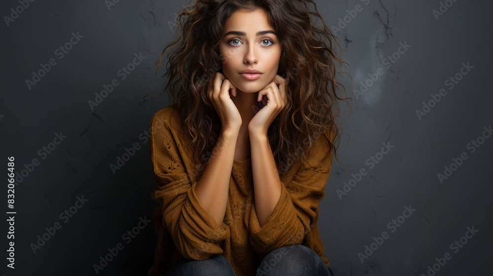 Intriguing young woman with captivating eyes and curly hair poses Intriguing young woman with captivating eyes and curly hair poses