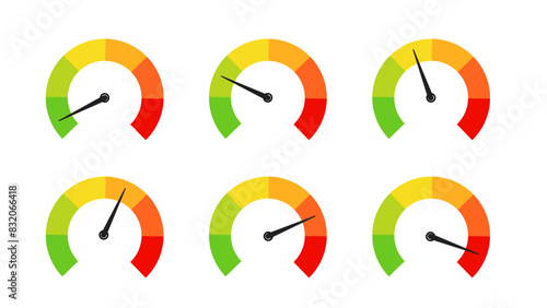 Set of Colorful Speedometers. Flat Collection on White Background