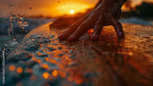 Close-up of a surfers hands gripping the edge of a surfboard, with water droplets cascading down
