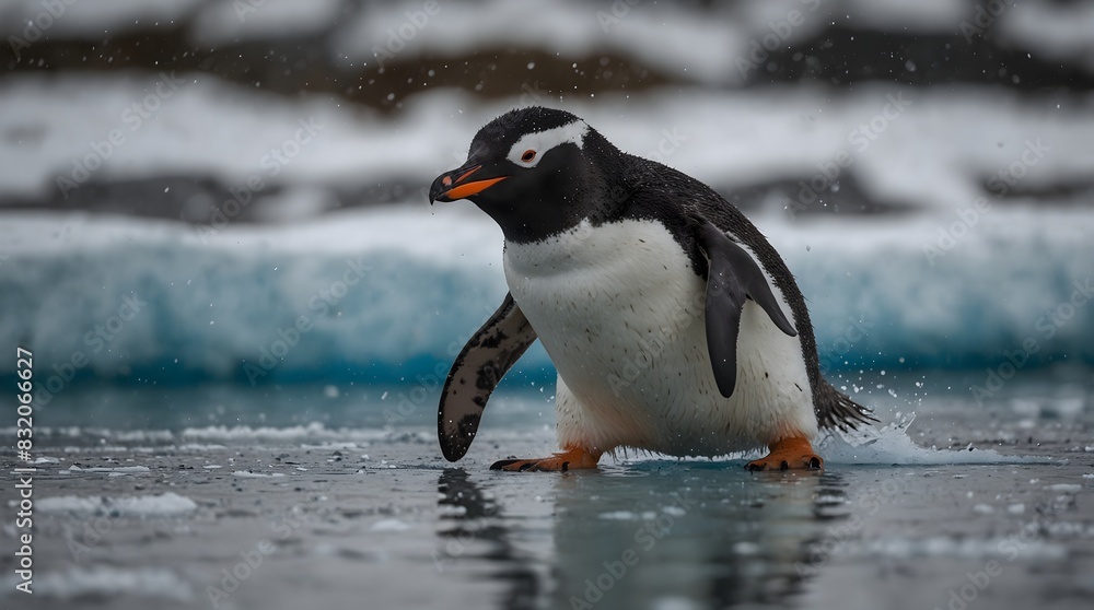 Fototapeta premium A day in the life of a playful penguin sliding on ice ai_generated