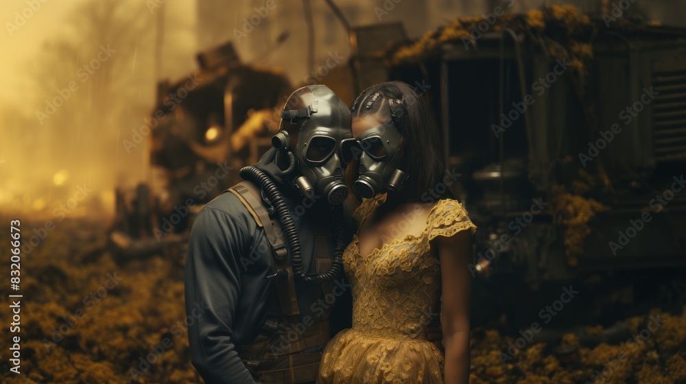 In a post-apocalyptic setting, a person in a gas mask stands with a child in a yellow dress amidst ruins