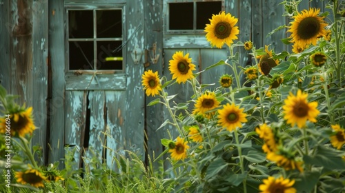 Close-up of a weathered barn door framed by vibrant sunflowers, capturing the rustic charm of a summer landscape