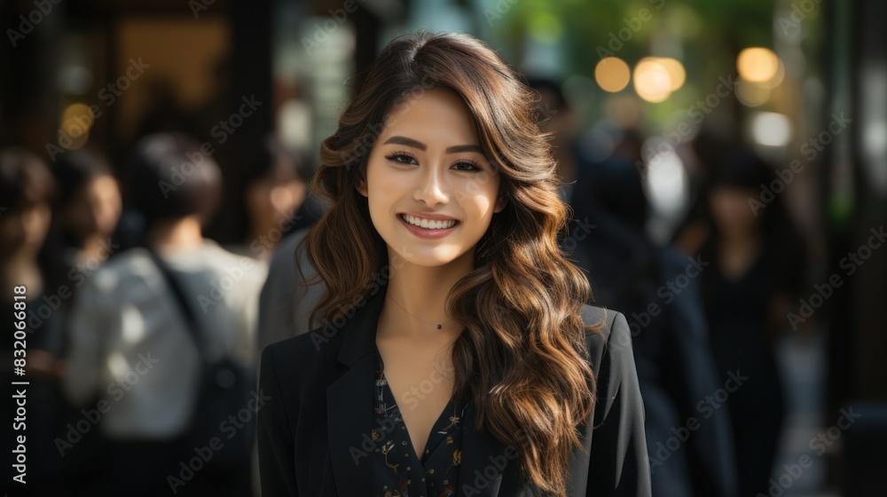 A professional smiling businesswoman stands confidently on a busy city street, radiating positivity A professional smiling businesswoman stands confidently on a busy city street, radiating positivity