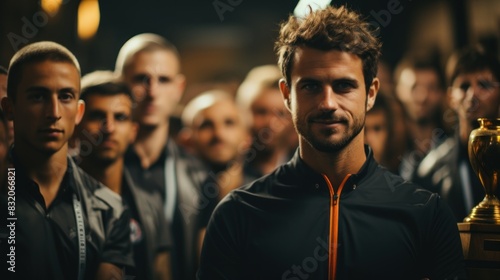 An athlete in a black jacket smiling subtly while holding a trophy amidst a focused team background