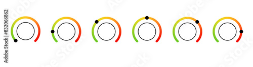 Scale meter level, barometer mood template. Vector dial gauges, speedometers. Indicator of pain, stress, negative to satisfaction, positive, happy.