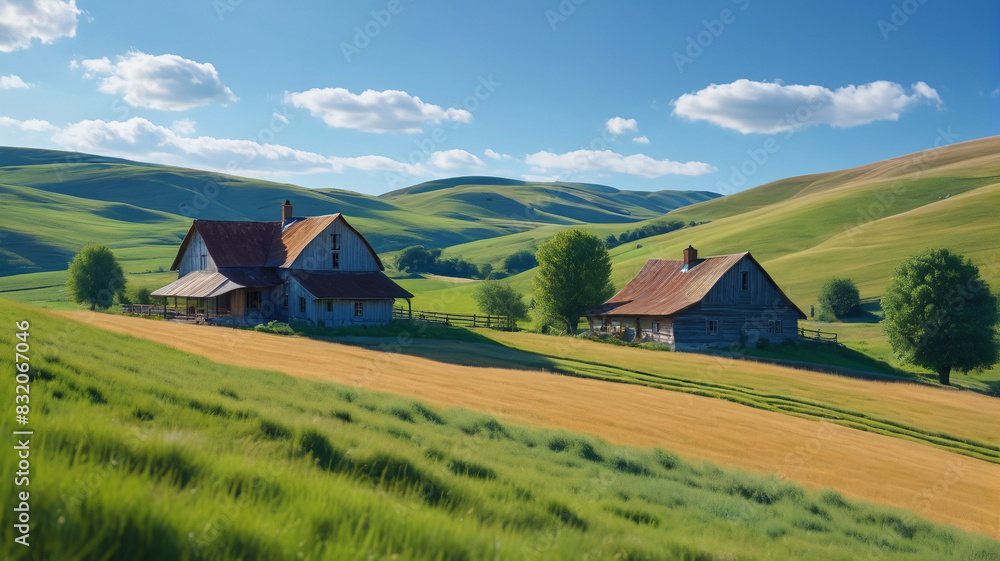 A peaceful countryside painting of a farmhouse and rolling hills under a clear blue sky, evoking a sense of simplicity and tranquility, Generative AI A peaceful countryside painting of a farmhouse and rolling hills under a clear blue sky, evoking a sense of simplicity and tranquility, Generative AI