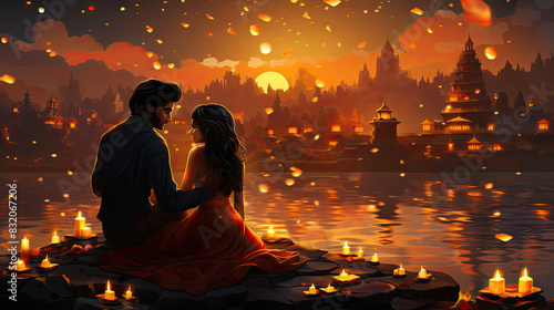 An animated couple sits intimately by the water, with a warm sunset and lanterns in a serene setting