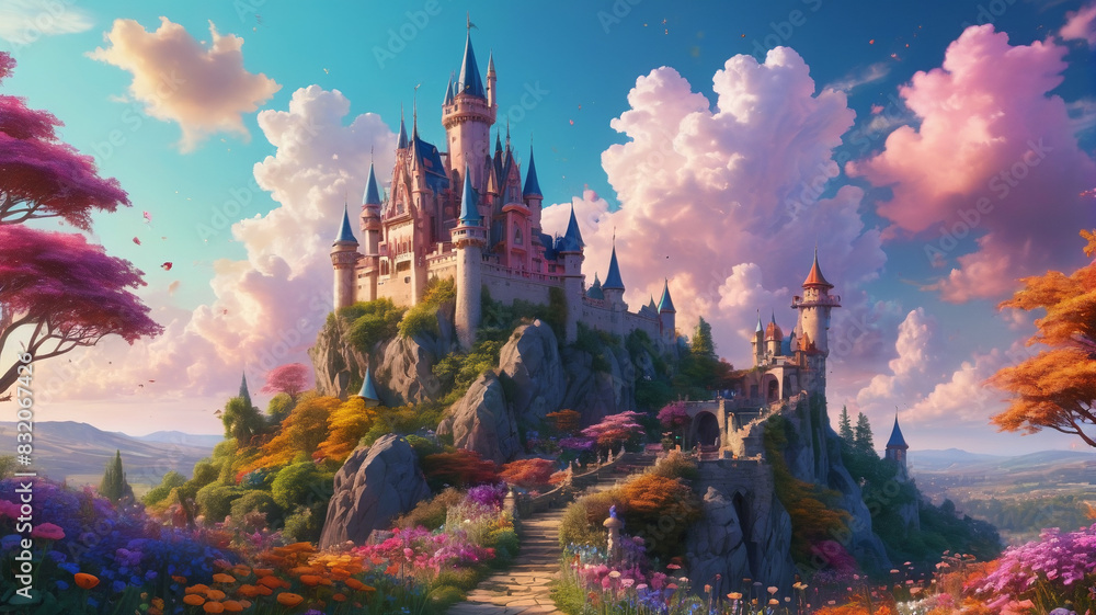A whimsical painting of a fairy-tale castle perched on a hill, with colorful gardens and a dreamy sky, evoking a sense of wonder, Generative AI A whimsical painting of a fairy-tale castle perched on a hill, with colorful gardens and a dreamy sky, evoking a sense of wonder, Generative AI