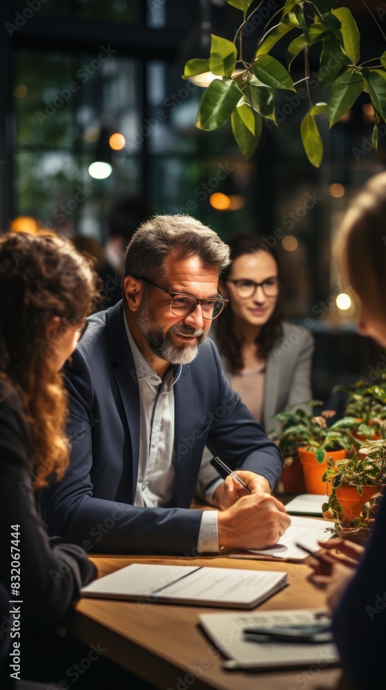 A group of professionals engaged in a meeting in a warmly lit office environment A group of professionals engaged in a meeting in a warmly lit office environment