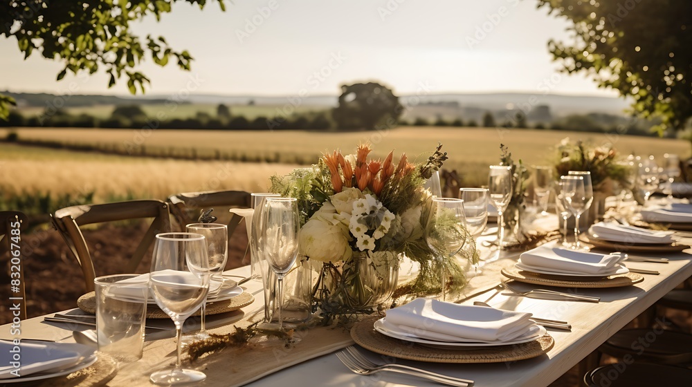 An outdoor wedding table is being set in the southern countryside. Generative AI